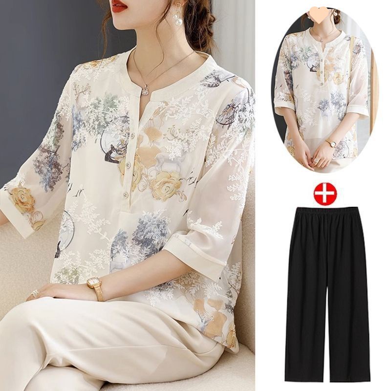 妈妈夏款短袖套装高档雪纺小衫时尚绣花恤中老年女装夏季上衣服