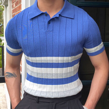 亚马逊外贸男装 夏季新款短袖针织衫 条纹撞色商务Polo衫男SY0152