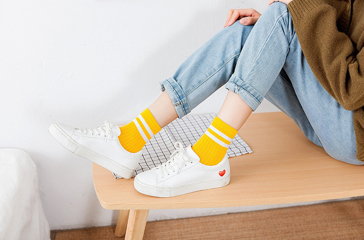 白色袜子女夏中筒袜两杠黑色条纹学生棉袜夏天薄款学院风运动长袜