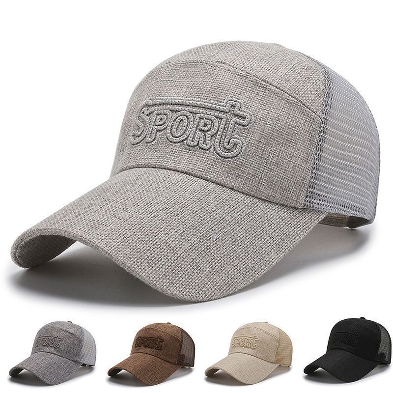男士帽子春夏季中年亚麻网帽刺绣sport百搭棒球帽加长檐防晒男帽