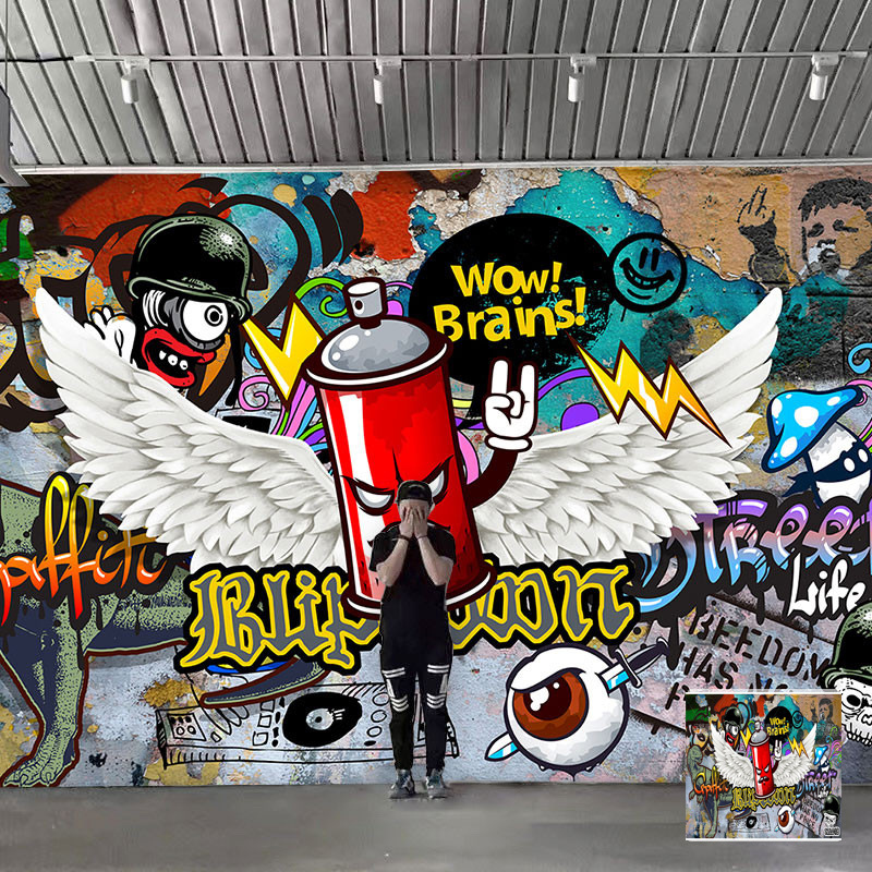 个性嘻哈风街头涂鸦背景墙纸翅膀工作室装修健身房舞蹈街舞室壁纸