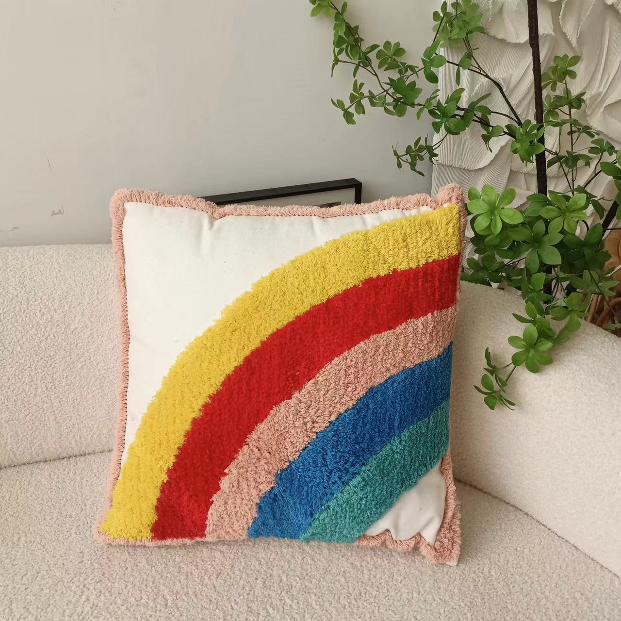 Nordic Ins Rainbow Pillow Cover Handmade Tufted Cushion Cross-Border Sofa Moroccan Tassel Cushion Pillow