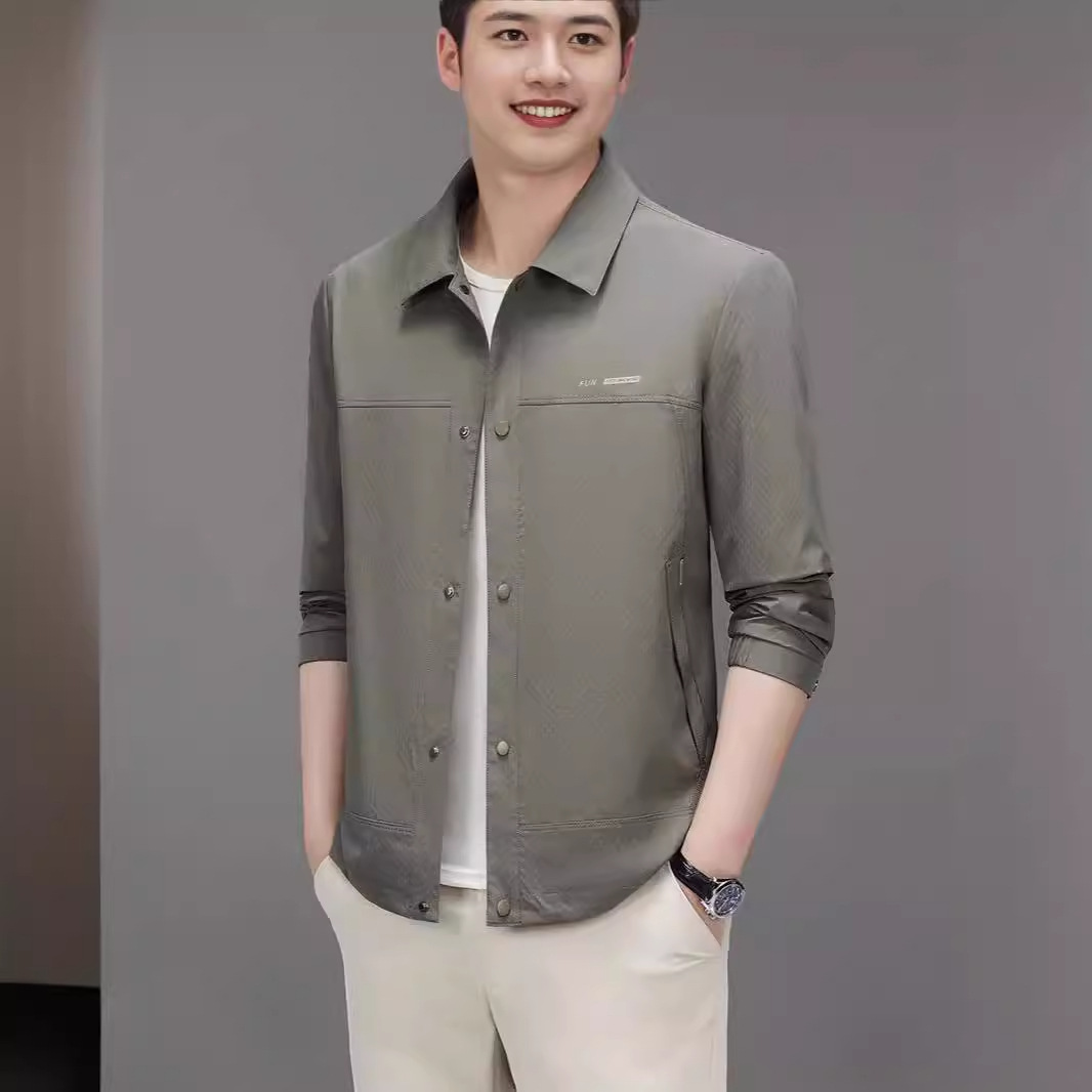 春夏款休闲商务衣服开衫新款夹克男士轻熟风翻领薄款外套短款上衣-阿