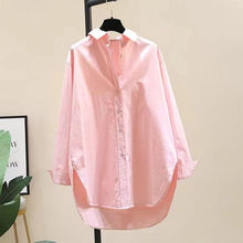 夏季棉POLO领女长袖春装新款韩版设计感小众中长款粉色衬衣
