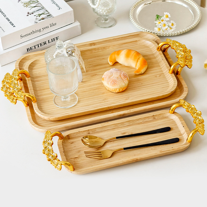 rectangular wooden tray with rose handle modern household living room coffee table tea cup tableware tray storage tray water