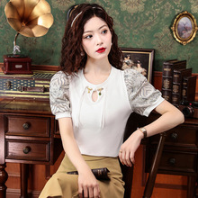 新中式盘扣镂空T恤女夏季国风印花泡泡袖上衣设计感短袖显瘦体恤