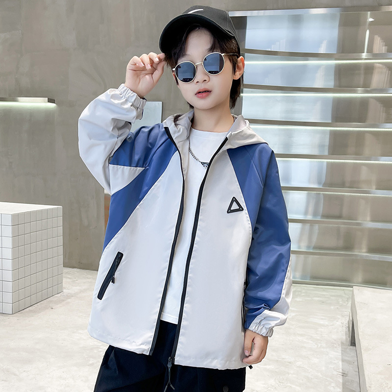 2023新款男童秋装长袖拼色风衣韩版中大童儿童连帽洋气上衣外套潮