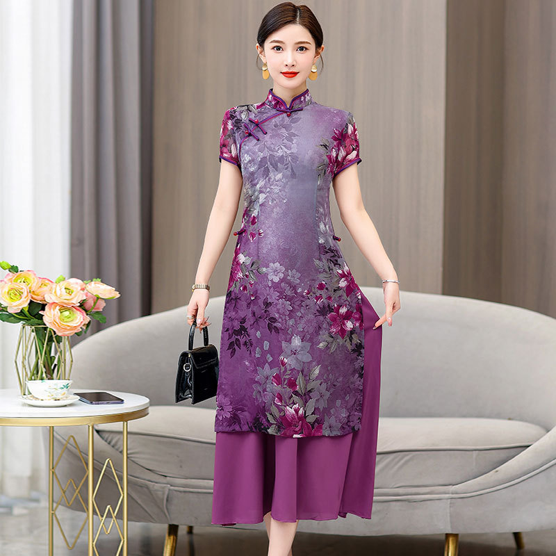 9507 New Style Ao Dai Dress New Chinese Cheongsam Women's Summer Short Sleeve Modified Long Type Young Mother Blue Sense
