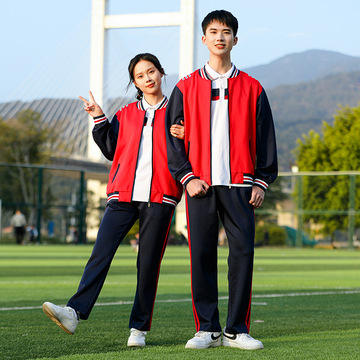 厂家批发三件套中学生小学生校服红蓝长袖套装单t恤团体服班服服