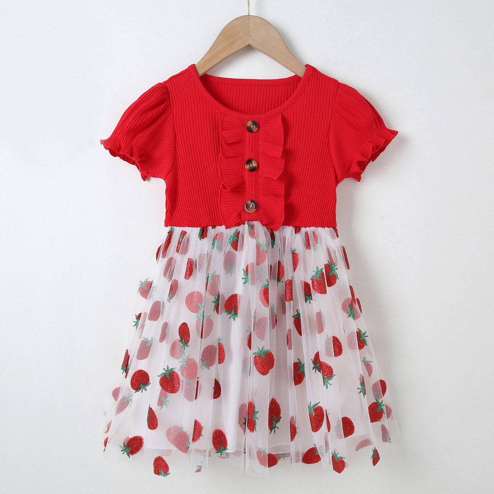 2021夏季新款童装女童休闲裙子红色坑条上衣拼草莓刺绣网纱裙批发