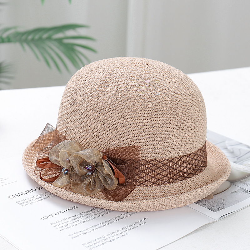 2023 Summer New Style Flanging Small round Hat Korean Style Casual Beach Sun Hat Temperament Straw Hat Ribbon Flower Bowler Hat