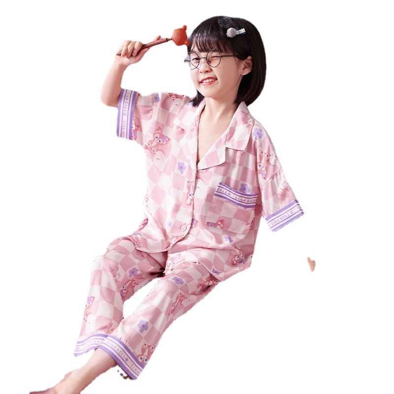 Children's Pajamas Small Girls and Teen Girls Summer Ice Silk Thin Cardigan Short Sleeve Three-Piece Set Baby Girl Air Conditioning Clothes Homewear