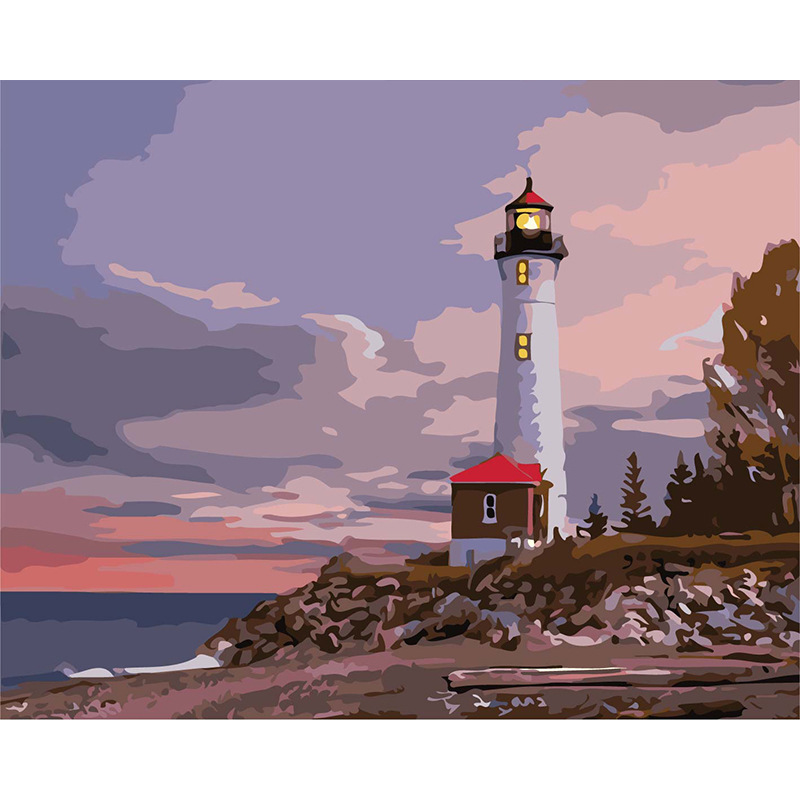 数字油画diy装饰跨境外贸手绘数码彩绘丙烯酸颜料帆布画海边灯塔