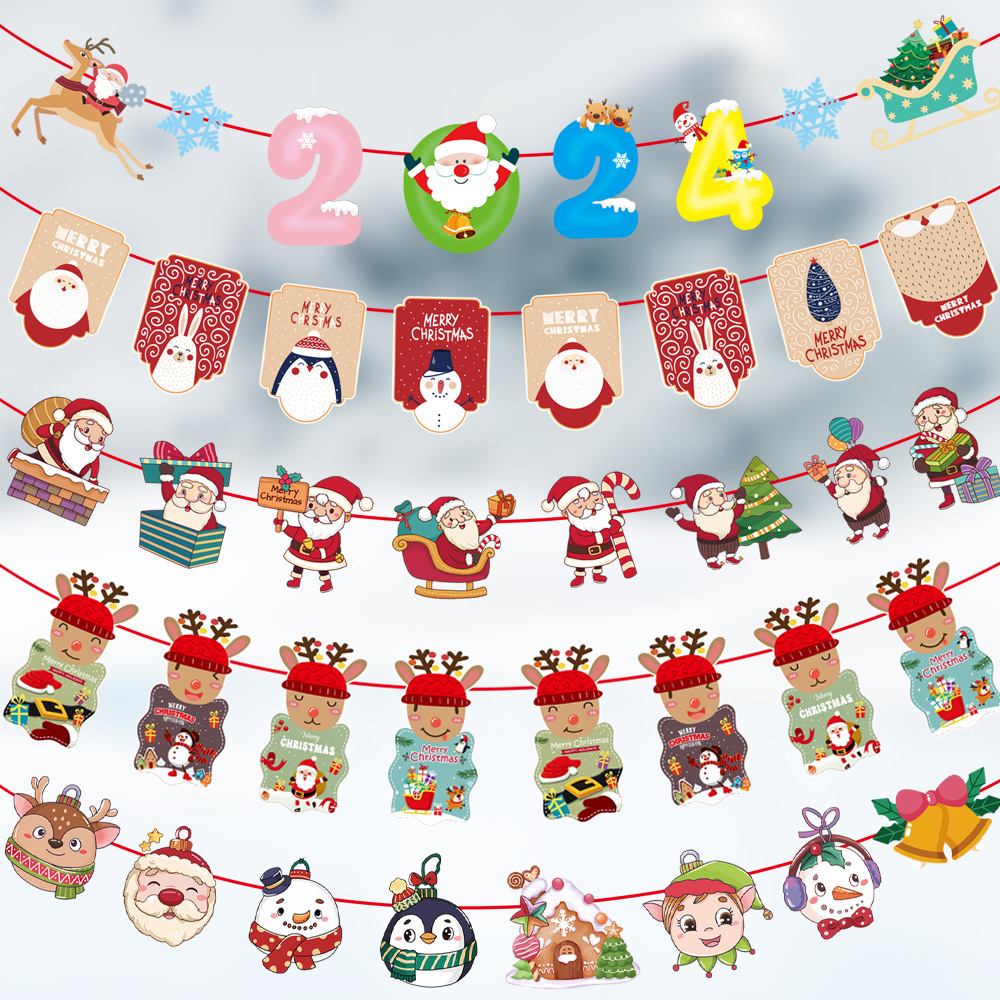 Christmas Decoration Cartoon Foreign Trade Paper Hanging Flag Colorful Flags Christmas Holiday Scene Atmosphere Layout