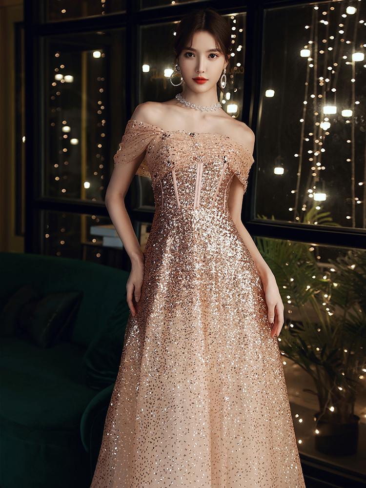 香槟色晚礼服2022新款夏季长款一字肩宴会气质主持人年会晚礼服