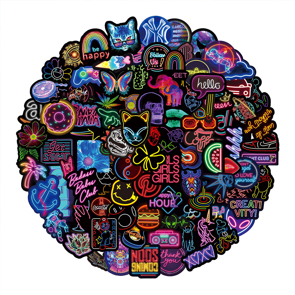100张炫彩霓虹灯涂鸦个性涂鸦贴纸水杯防水冰箱摩托车电脑贴画