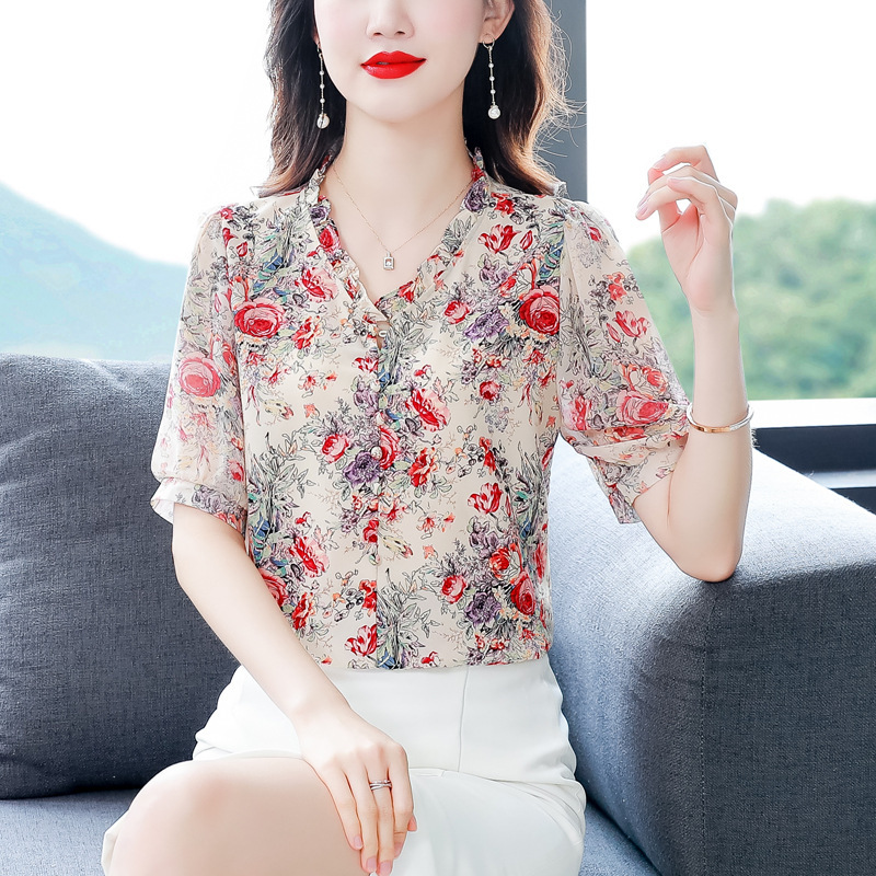 专柜真丝衬衫女2024夏季新款中袖七分袖高端时尚印花中年妈妈上衣