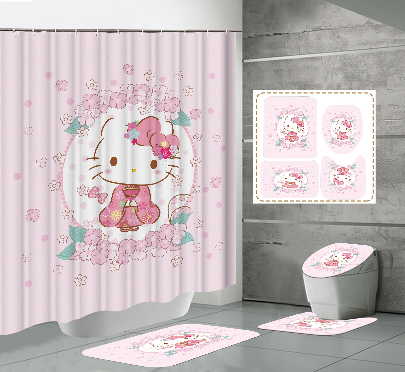 Amazon E-Commerce Hot Sale Digital Printing Waterproof and Mildew-Proof Polyester Cartoon Hello Kitty Shower Curtain Factory Direct Sales