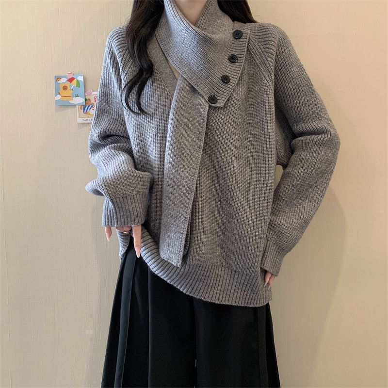 韩系可拆卸围脖毛衣女秋冬季新款设计感针织衫超好看百搭上衣