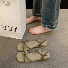 罗马细带凉鞋女2025夏季新款百搭平底休闲仙女风配裙子沙滩鞋孕妇