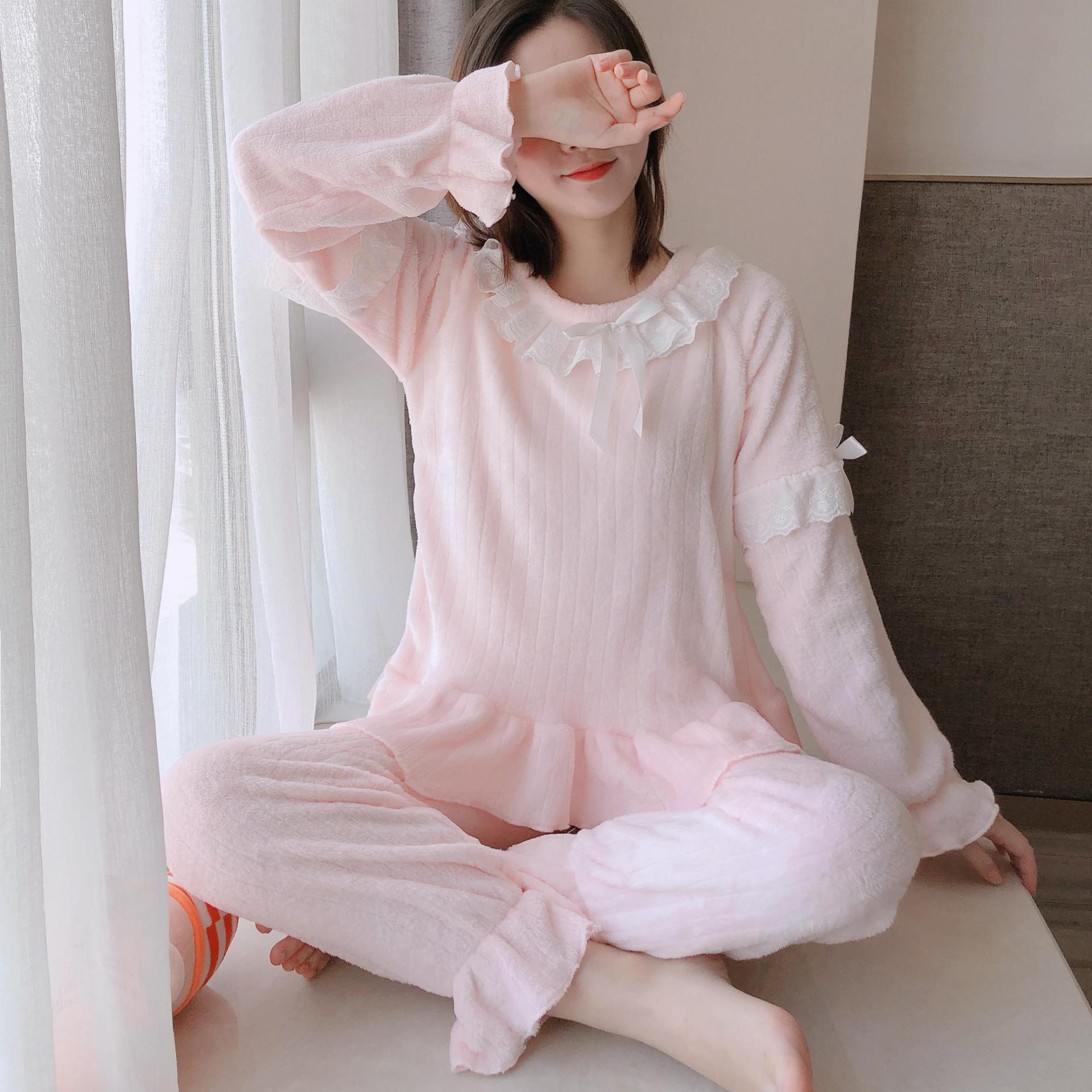 秋冬季睡衣女圆领公主法兰绒睡衣加厚可爱少女粉色家居服套装