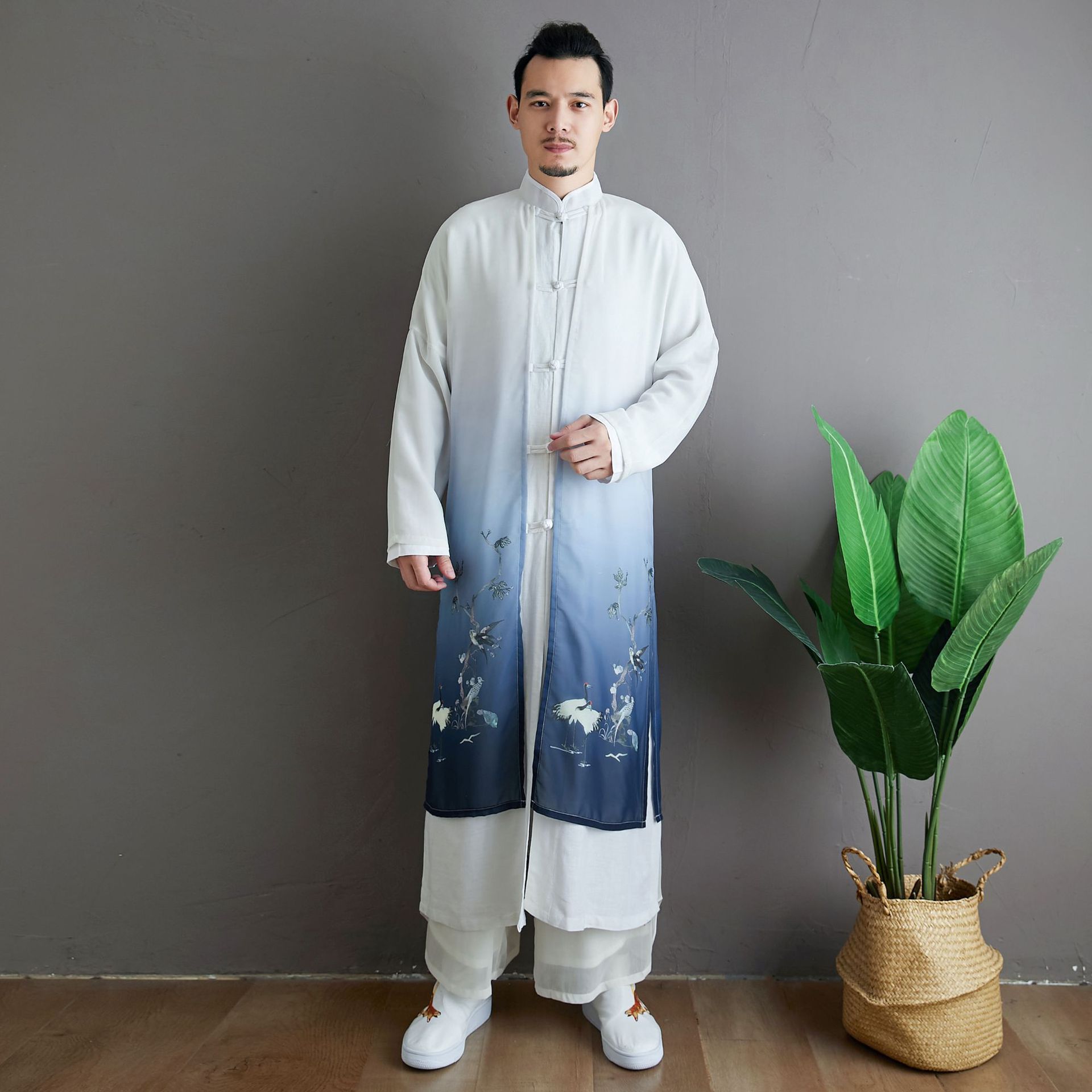 新款百鸟假两件古风男装中式休闲男士长衫雪纺印花汉服大褂演出服