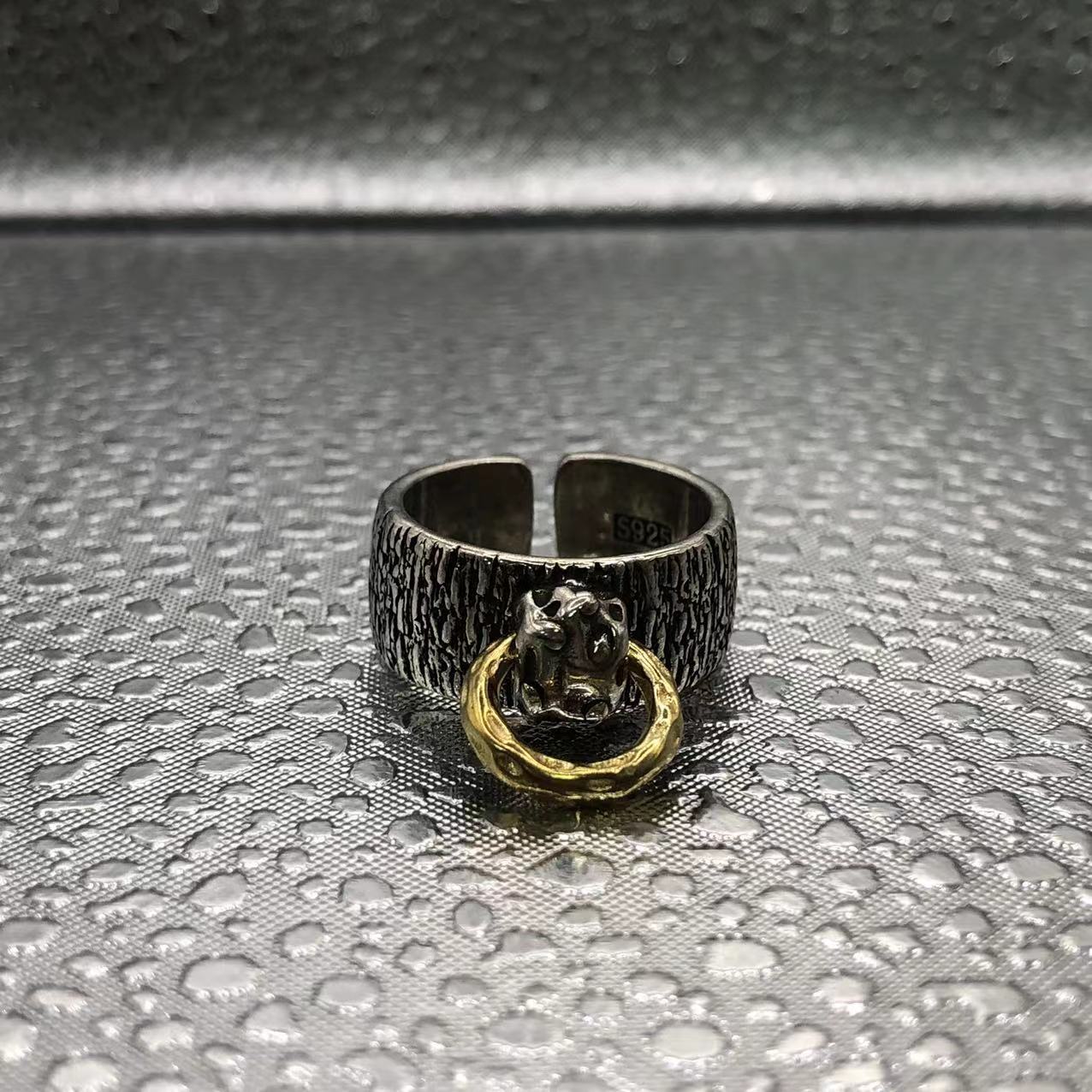 泰古原创先锋设计厚重质感泰银复古男士暗黑树皮纹开口戒指男霸气