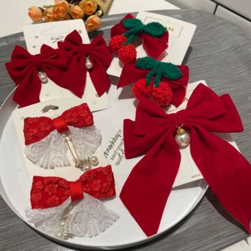 韩系可爱ins风大红色蝴蝶结发夹对夹双马尾宝宝女童发卡新年头饰