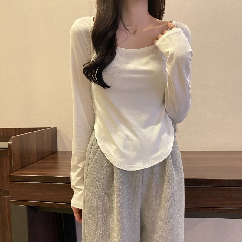 2022新款白色方领长袖t恤女初秋冬季修身短款打底衫内搭上衣ins潮