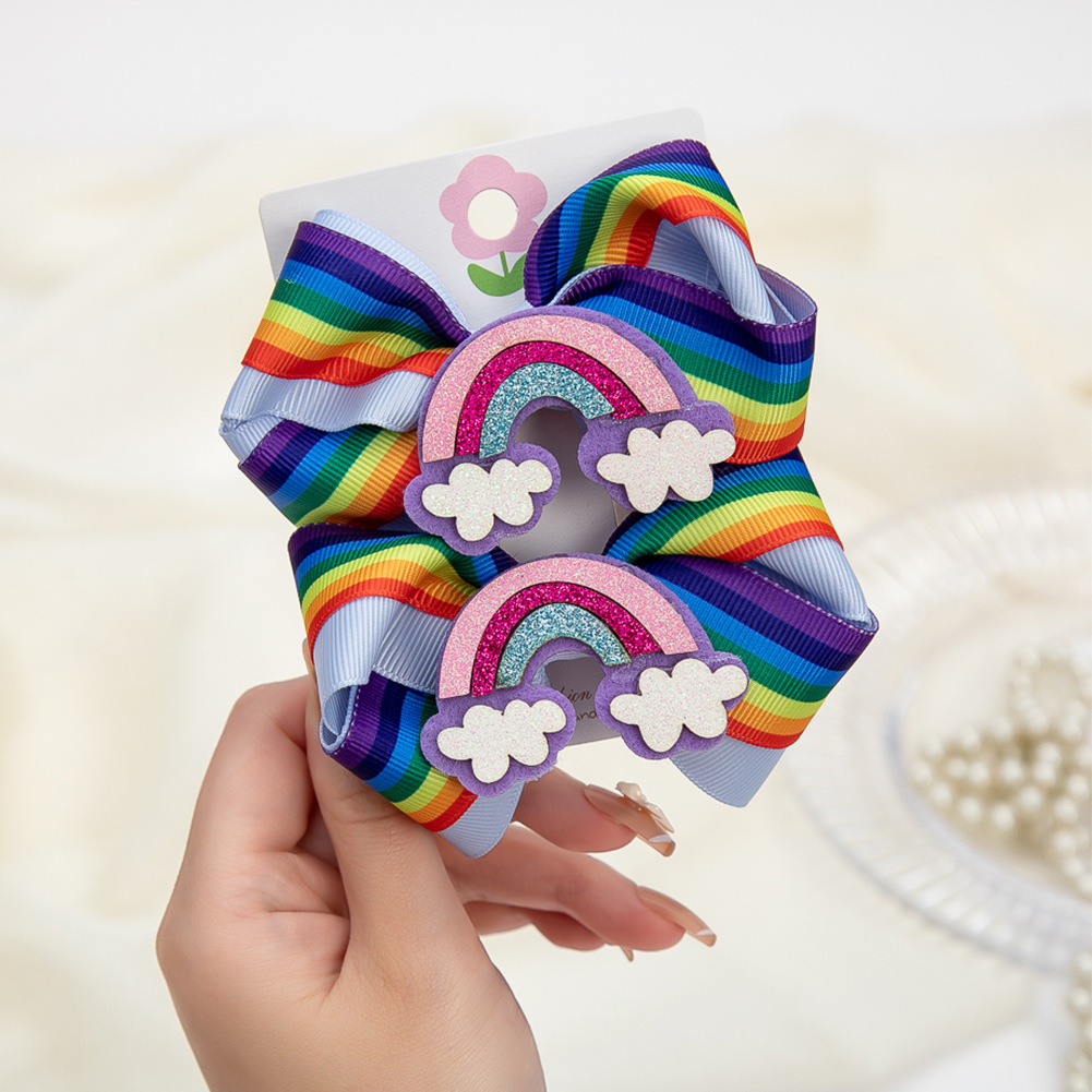 European and American New Baby Headdress Cute Rainbow Barrettes Children's Double Layer Ribbon Bow Word Clip Side Clip