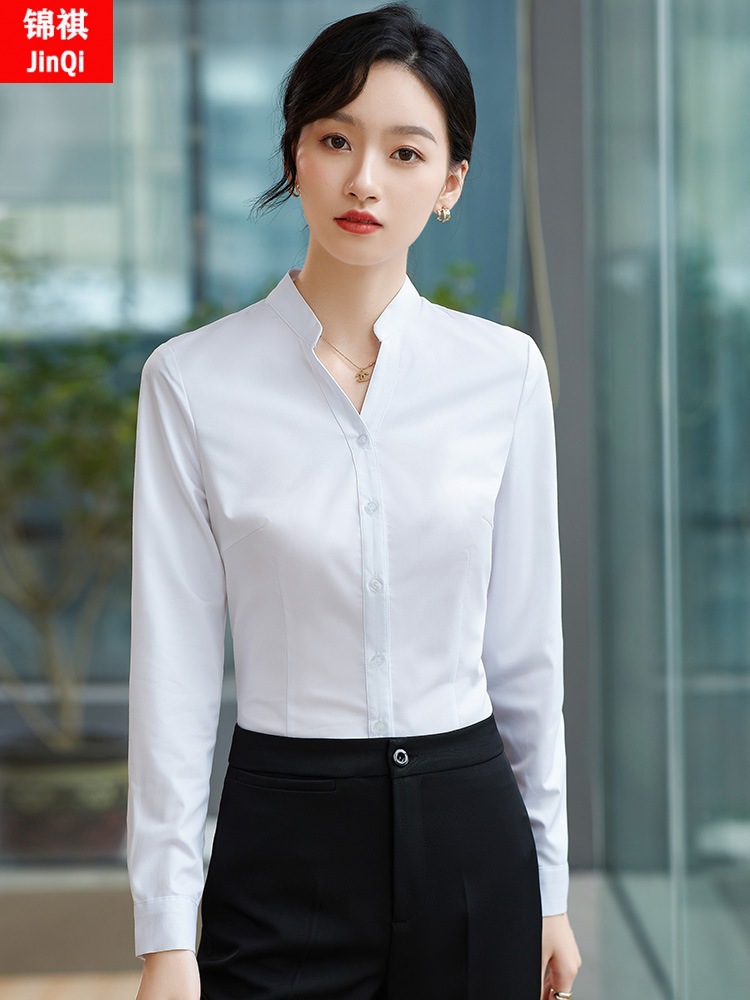 白色长袖衬衫女秋季接待工作服面试正装职业v领衬衣套装空姐制服