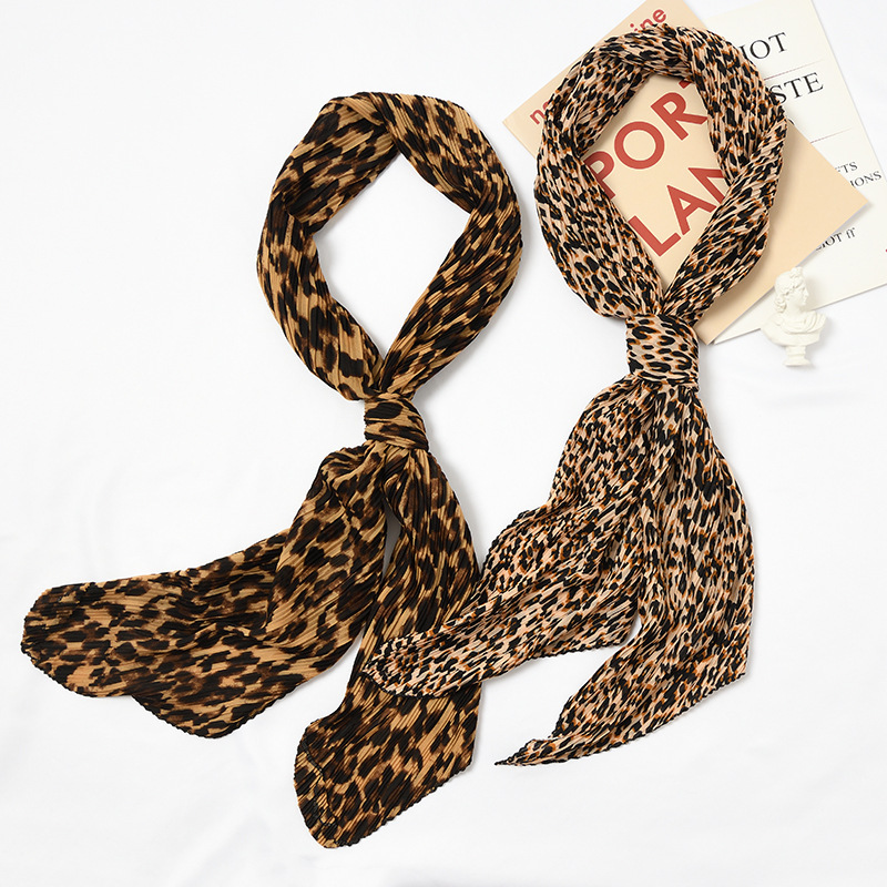 豹纹长条褶皱条纹拼色春秋冬季韩国东大门长款丝巾百搭领巾女围巾