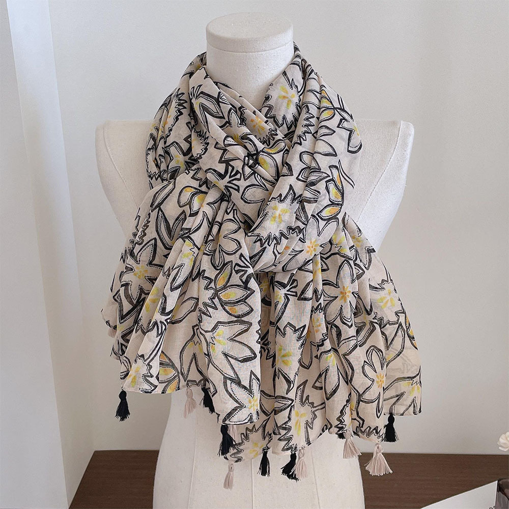 卡其色向日葵印花棉麻围巾女高级感流苏挂穗披肩春夏旅游防晒纱巾
