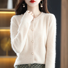 羊毛衫女圆领开衫珍珠扣纯色长袖外套宽松慵懒风针织100羊毛衫