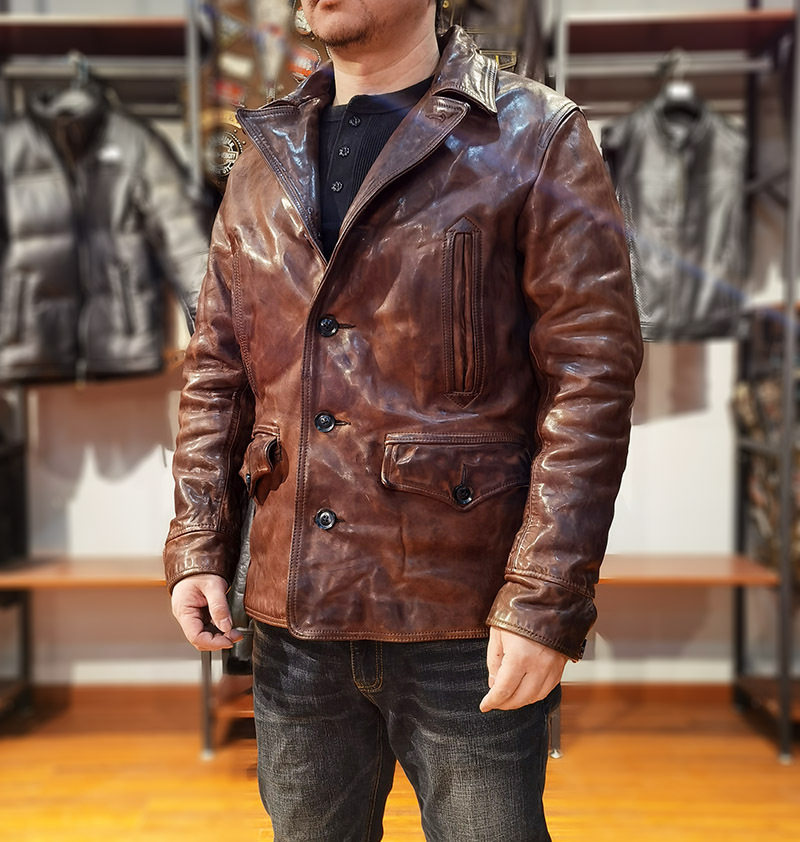 日系复古做旧油蜡马皮皮衣男棕色阿美咔叽重水洗调度员真皮夹克
