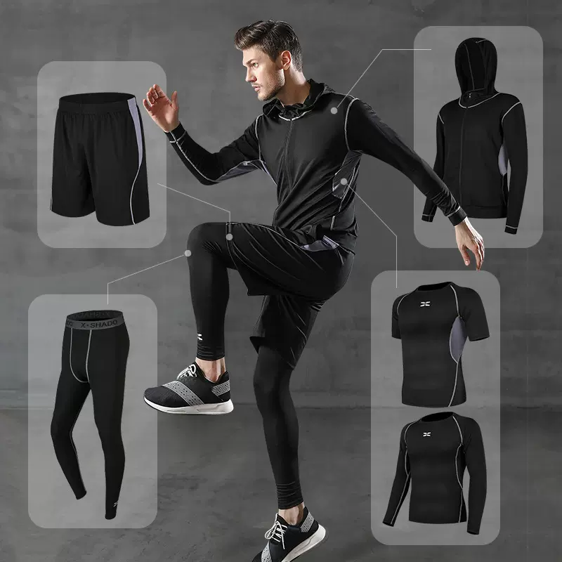 聚衣堂健身服男紧身衣健身房步篮球运动套装训练服夏季五件套