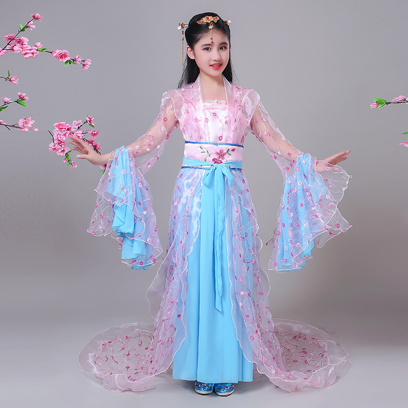 新款女童古装汉服女宝仙女唐朝公主贵妃拖尾宫廷舞台走秀演出服夏