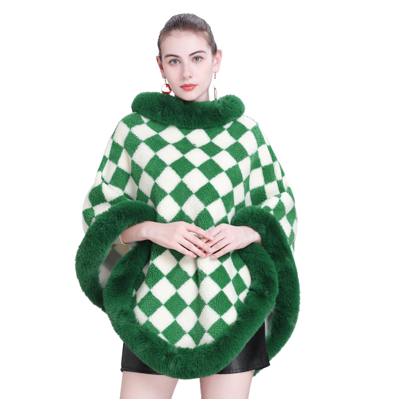 EU and South Korea Autumn and Winter New Cloak Shawl Thickened Plaid Fur Collar round Neck Pullover Shawl Cape Coat 0986#