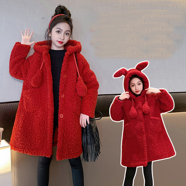 儿童秋冬上衣女童皮毛一体的外套中长款羊羔毛红色连帽大衣厚代发