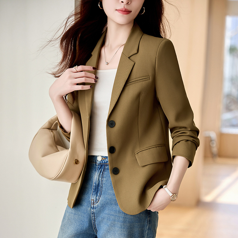咖色短款西装外套女2024春秋季新款韩系休闲百搭炸街小西服小个子