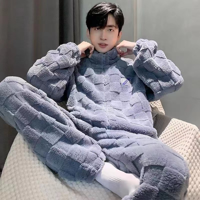 2023年男士睡衣冬季加绒加厚珊瑚绒拉链保暖秋冬可外穿家居服套装