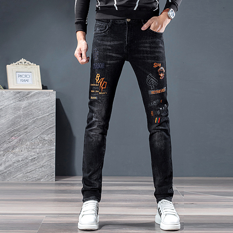 Denim Men's Pants European Station High-End Quality Embroidered Jeans Men's Stretch Slim Casual Black Cow Men's Trousers Wholesale