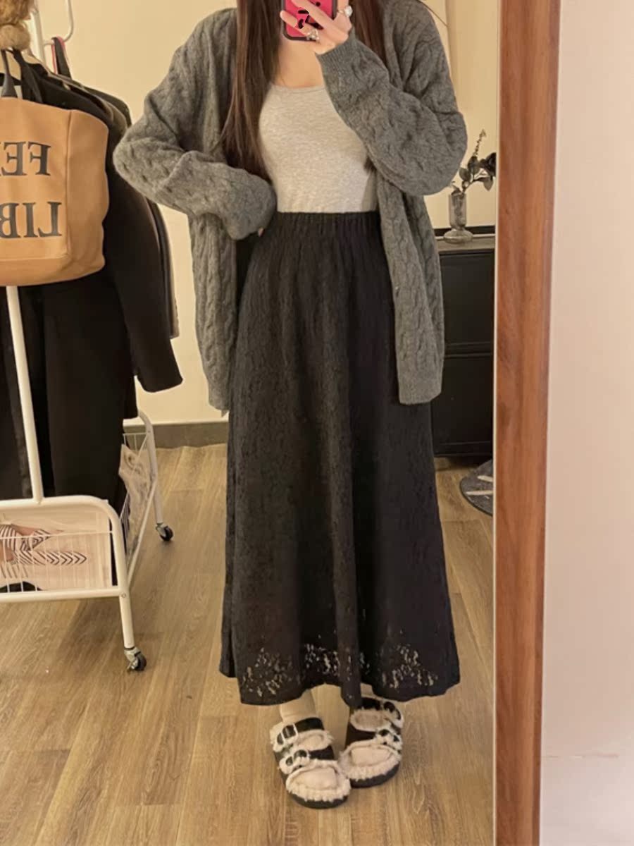 白色蕾丝半身裙女秋冬季小个子加绒加厚松紧腰a字休闲直筒中长裙