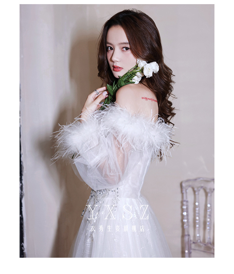 工厂货源白色羽毛晚礼服一字肩2022新款长袖宴会长款声乐艺考礼服