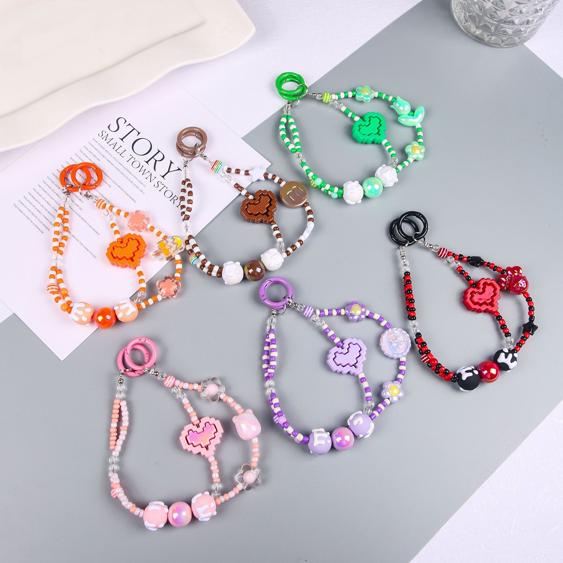 South Korea Ins Cute Hand-Painted Beads Phone Chain for Apple Huawei General Phone Case Lanyard Girl Love