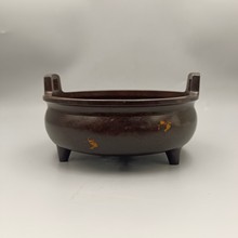 仿古三足浅直耳铜香炉 古玩铜器收藏铜摆件 家居装饰工艺品批发