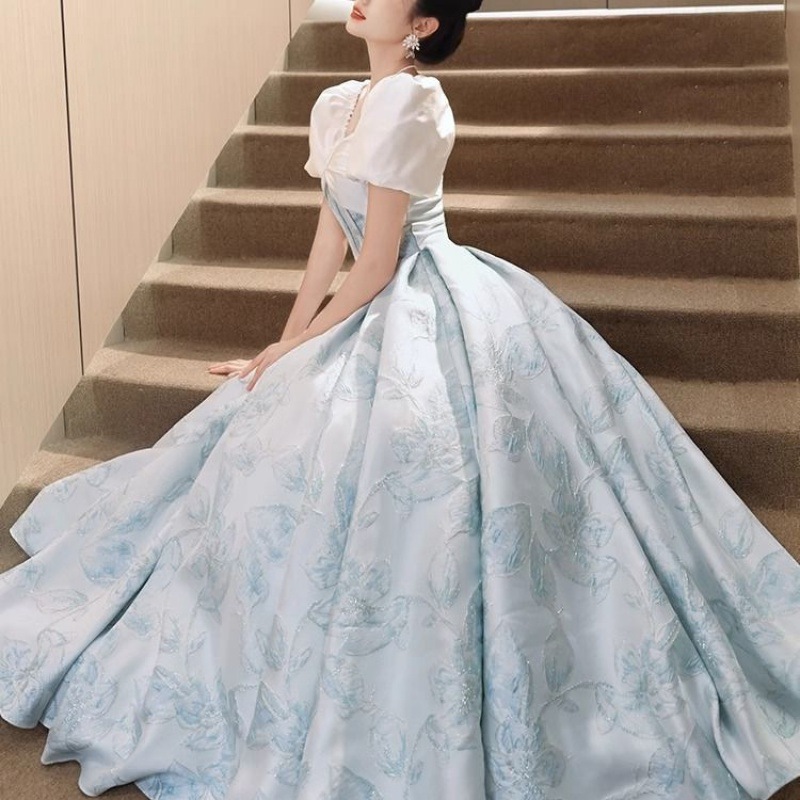 一字肩蓝色晚礼服裙女法式气质艺考演出高端轻奢小众感主持人仙女