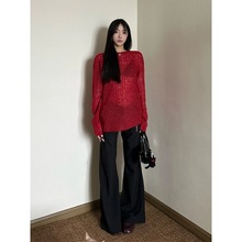 美式辣妹马海毛针织衫女新款春季设计感宽松红色露背上衣