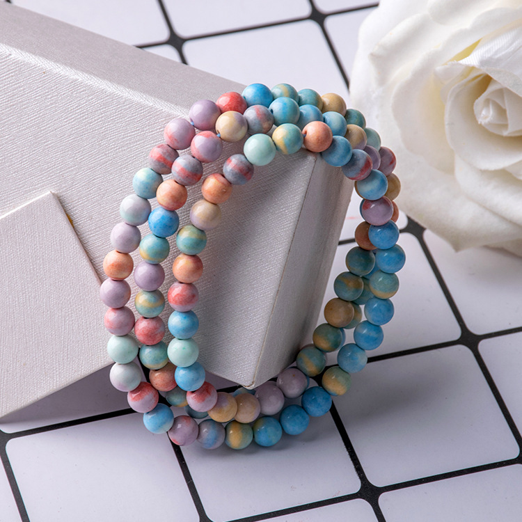 女款民族风彩虹石手链6mm多圈学生糖果色元素三圈彩色松石手串