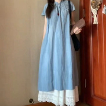 新中式国风连衣裙女夏季新款温柔时尚洋气小众长款蓝色短袖旗袍裙